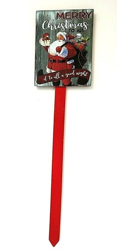 Merry Christmas Santa Plant Pot Handcrafted Garden Stake Wood 5" x 4" NWT