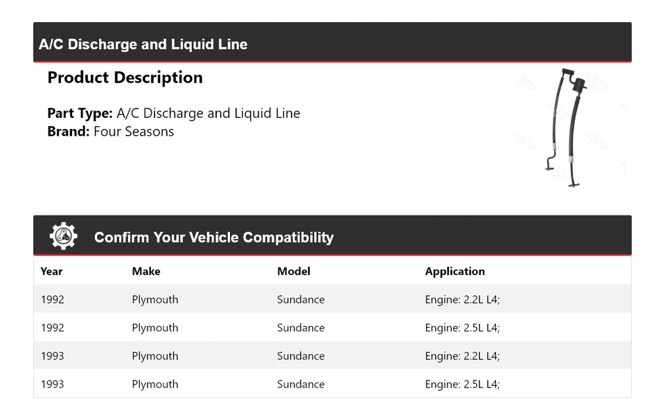 Línea de descarga de aire acondicionado y líquido Plymouth Sundance 1992-1993 4 estaciones Foto 2 de 4