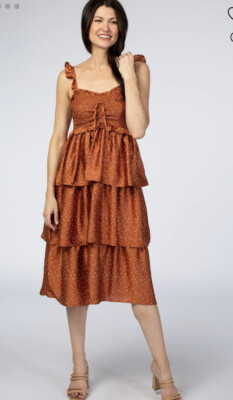 MOMNI Womens Pretty Woman Rust Polka Dot Smoked Tiered Ruffle MIDI Dress Satin S | eBay MOMNI Womens Pretty Woman Rust Polka Dot Smoked Tiered Ruffle MIDI Dress Satin S | eBay