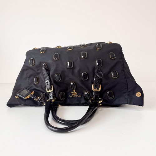 PRADA Black Tessuto Nylon Pietre Jeweled Tote Bag - Picture 6 of 16