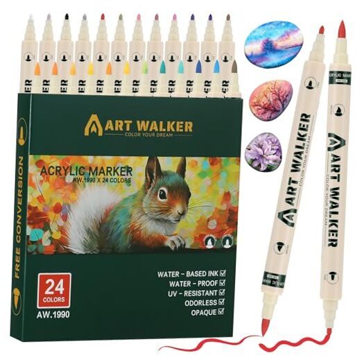 24 Colors Dual Tip Acrylic Paint Markers, Acrylic Paint Pens for Brush & Fine