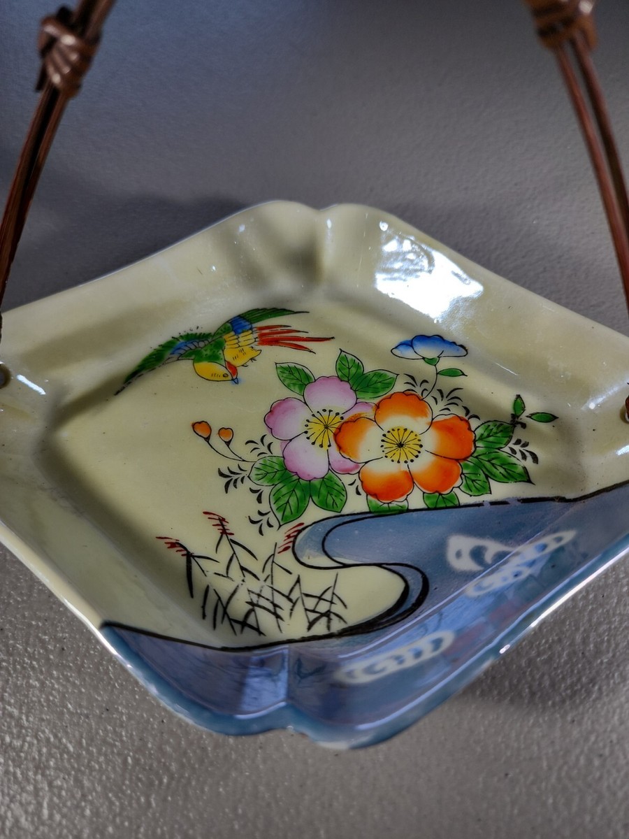 Vintage Japanese Bird Plate, Woven Handle, Flowers Hand Painted