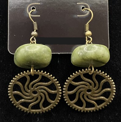 Handmade Sun Gear & Green Stone Bronze Tone Earrings by Neanie-Bot