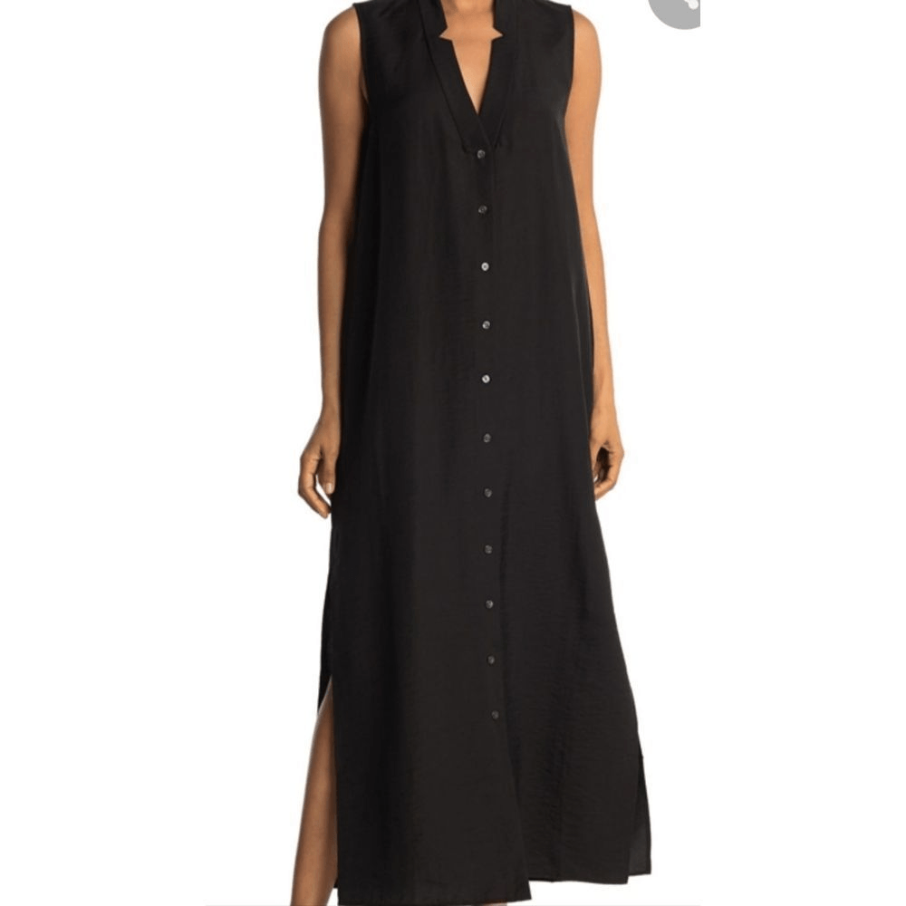 BLDWN Black Brock Maxi Dress V-neck Button-up Shirt Dress Side Slit Size XS  | eBay