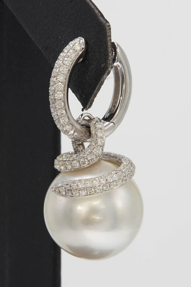 Magnificent Two Solid White Pearls With Pave Set Lab-Created Diamonds Earrings - Image 3 of 4