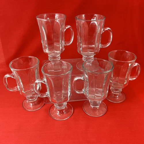 Set of 6 Vtg Libbey Irish Coffee Mugs 8 oz Clear Glass Pedestal Footed 5.75”X 3”