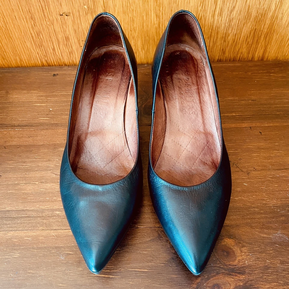 Hispanitas Court Shoe Womens 40 Black Leather Point Toe Mid Heel Made in Spain — 第 4/4 张图片