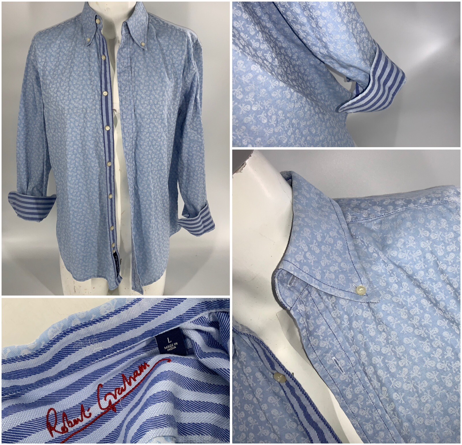 Robert Graham Flip Cuff Shirt L Men Blue Skulls Cotton Md India Mint