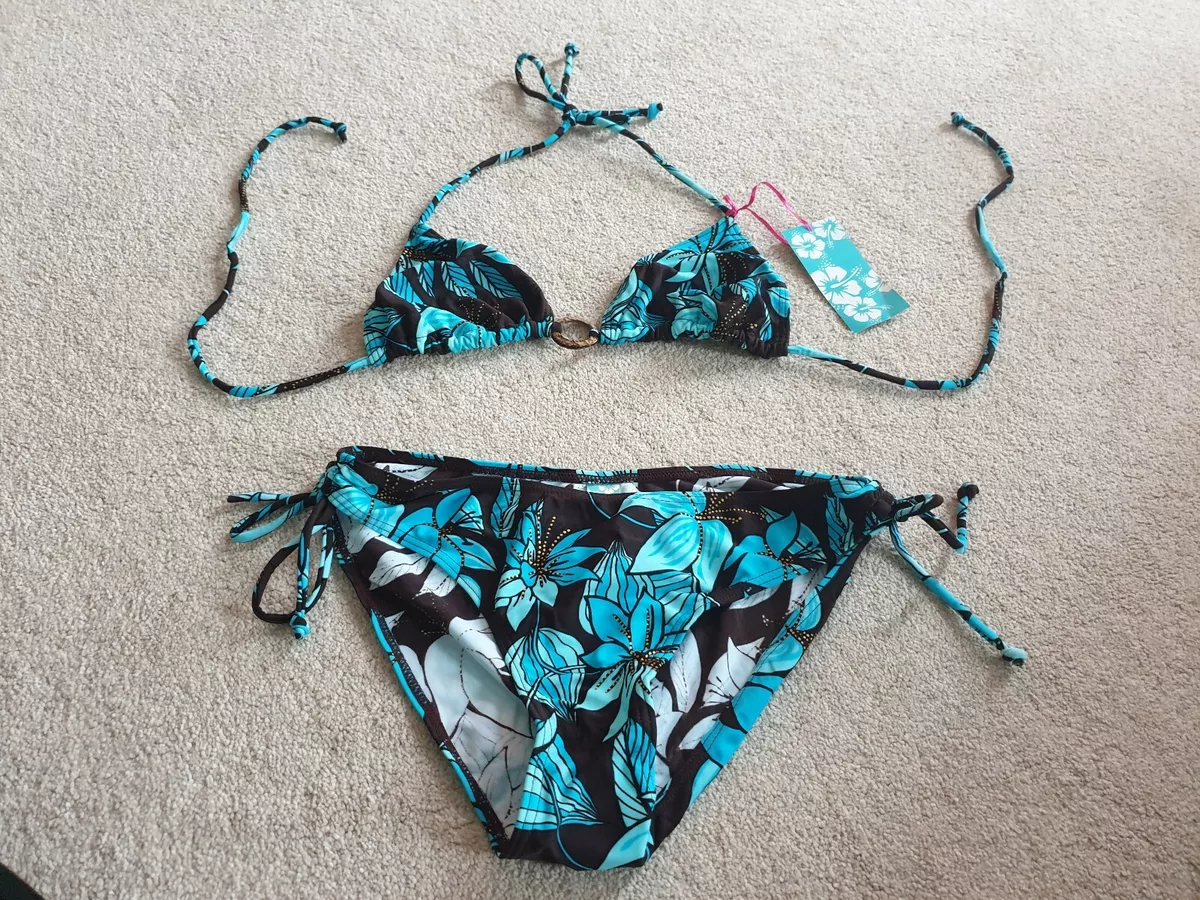 OCEAN CLUB AQUA BLUE TURQUOISE BROWN GOLD TROPICAL FLOWER RING TRIM BIKINI 8 12