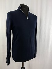 Mens William Hunt Jumper Blue Medium  38 in Wool Quarter Zip High Neck Pullover