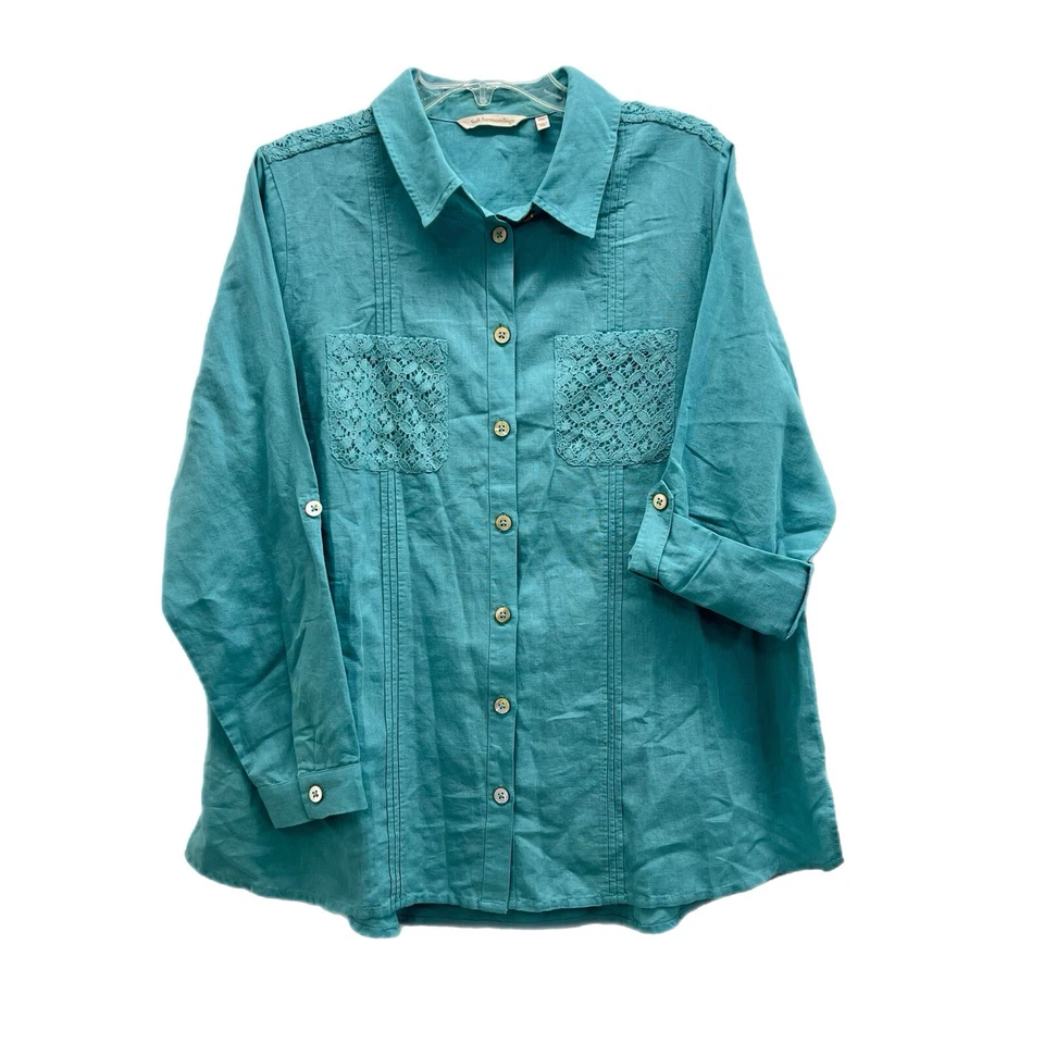 Top túnica Soft Surroundings Esperanza PXL verde azulado encaje manga enrollable lino