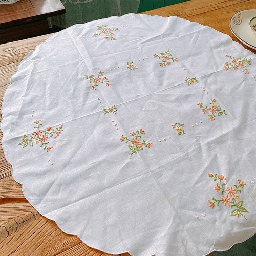Country Style Orange Yellow Flower Embroidery Cutwork Round Cotton Table Cloth - Picture 3 of 7