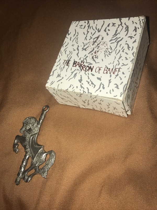 Open box The Barron Or Banff Metal Carousel Horse Christmas Ornament