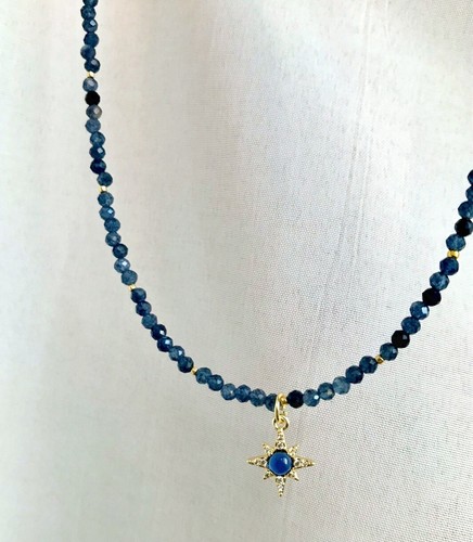 SAPPHIRE Necklace 3mm Faceted Gem Beads and Gold-Plated Star DAINTY Pendant - Picture 8 of 8