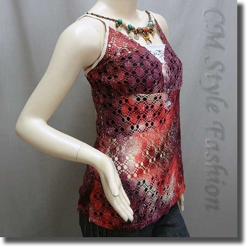 Cute Dyed Ombre Crochet Camisole Tank Top Plum Orange Red XS~S - Picture 3 of 4