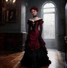 Gothic Victorian Prom Dress Black And Burgundy Vintage Evening Gown Off-Shoulder