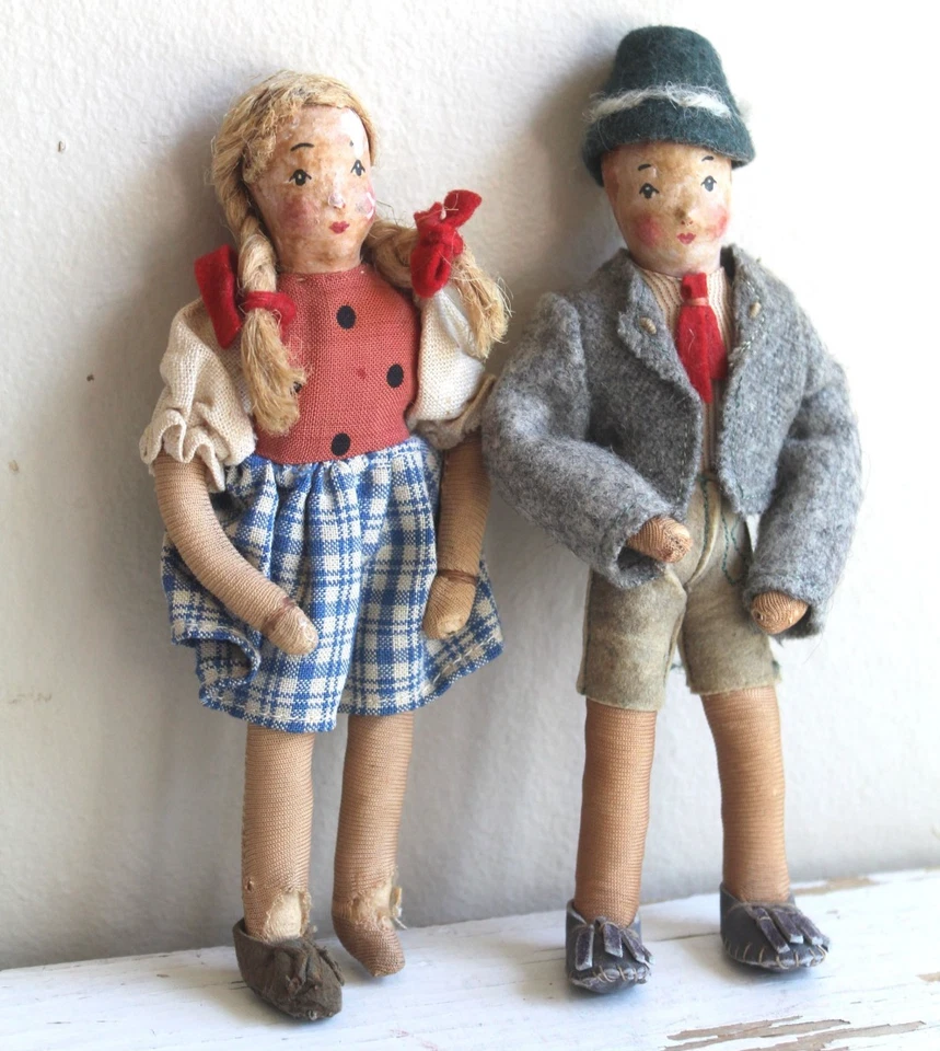Par de muñecas Erna Meyer vintage años 40 alemanas bávara niña niño Stockinette Foto 2 de 4