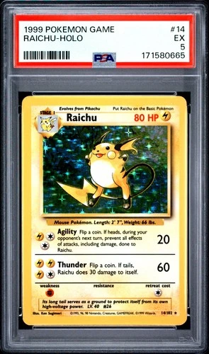 1999 POKEMON BASE SET UNLIMITED #14 RAICHU-HOLO PSA 5