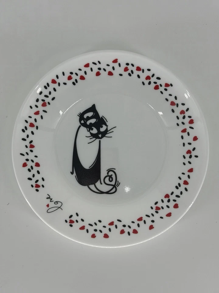 Corelle Loving Cats Appetizer Plates 6.75” Set of 4 White Black Red Love Hearts - Image 2 of 4