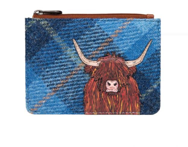 Blue Highland Cow Coo Harris Tweed & Leather Zip Top Purse