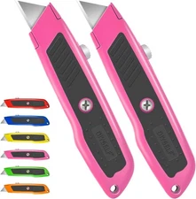 2Pack BoxCutter Retractable Utility Knife Heavy Duty Razor Knife Opener Pink #63