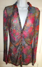 L NEW NWT NATURAL LIFE FLORAL FLOWERS SHEER MESH TOP BUTTON BLOUSE V-NECK 000704