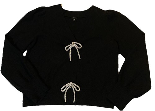 Express V-Neck Embellished Silver Bow Cardigan Sweater Women’s Size Large Black - Picture 2 of 21