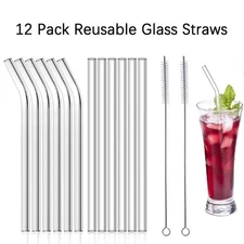 12 Pcs REUSABLE GLASS Drinking Straws with Cleaning BRUSH Party Use Shake Straw 