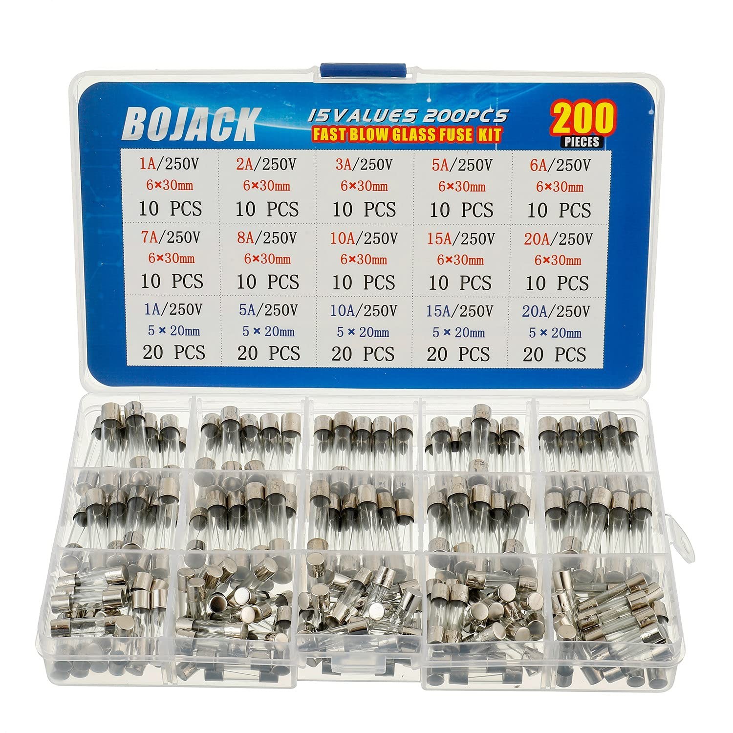 BOJACK 15 Values 200 pcs Fast-Blow Glass Fuse Assortment Kit 5x20mm 250V 1 5 ...