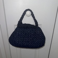 Vintage 1960s Navy Blue Woven Raffia Straw Handbag 10x 6x 4.5  Rare Japan