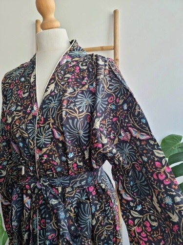 Indian Handmade Cotton Kimono Robe Black Floral Printed Women Cover Nightwear - Picture 5 of 6