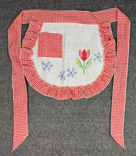 VTG Cross Stitch Apron Red White Gingham Ruffle Tie Pocket Flowers