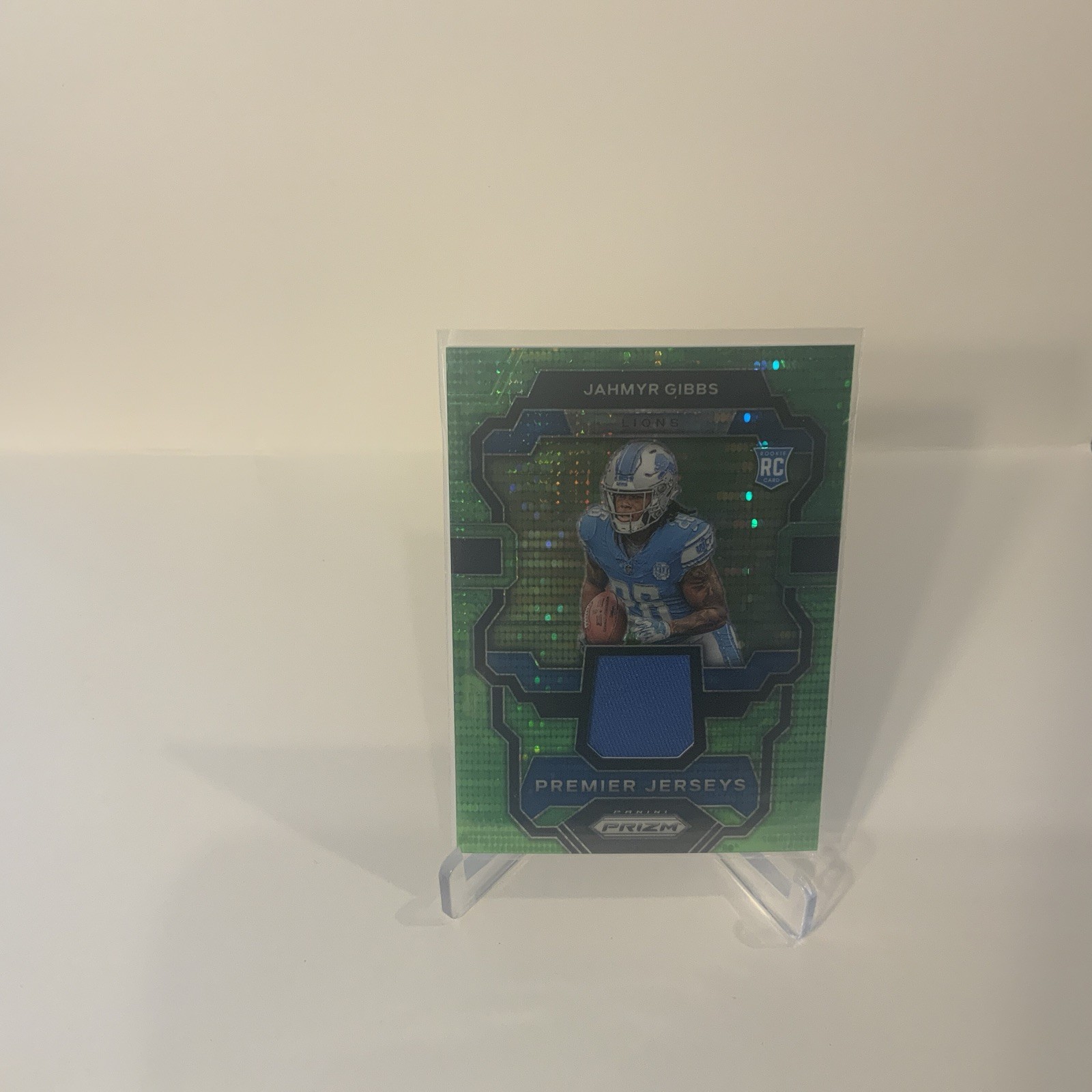 2023 Prizm #PJ-JG Jahmyr Gibbs Rookie Premier Jersey Patch Neon Green Pulsar