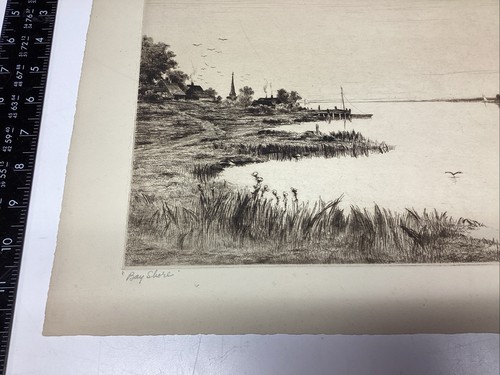 22 ART PAPER ETCHING PHOTO PRINT BAYSHORE BIRDS TREES LANDSCAPE HOME WATER BOAT - Picture 8 of 17