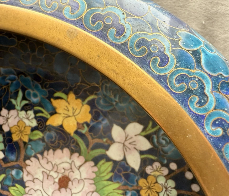 Vtg Chinese Cloisonné Enamel Bowl And Carved Wood Stand Floral Vase Motif 10.25" - Image 2 of 4