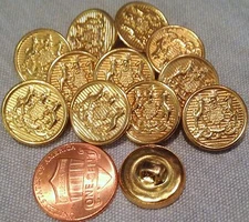 12 Shiny Brass Tone Metal Shank Buttons Crest 9/16" 15mm # 7524
