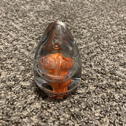 Art Glass Iridescent Egg Paperweight Orange Inside Designs 4” Tall - Picture 4 of 8