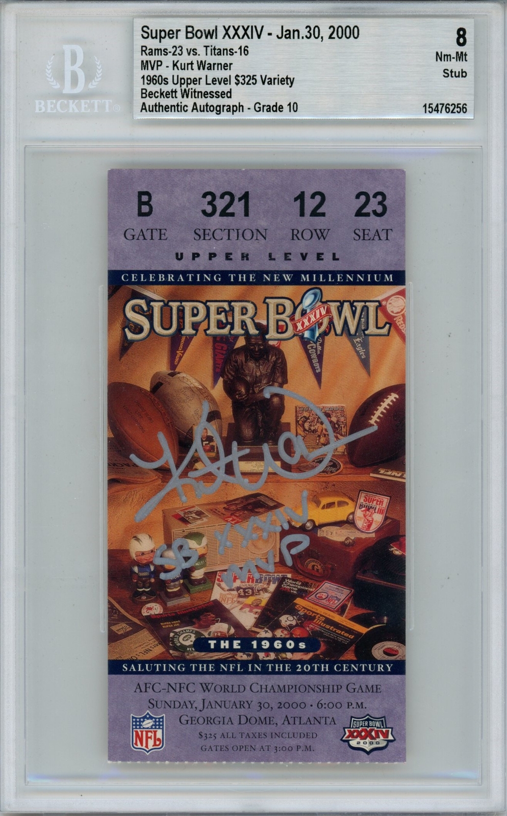 Kurt Warner Autographed Signed St Louis Rams Grade 8 Ticket Stub Sb MVP Beckett 