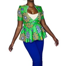 Green African Print Low V-Neck Flare Out Women Blouse  
