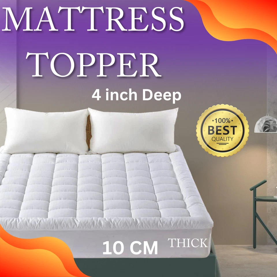 MATTRESS TOPPER 4" Inch Deep Luxury Soft HOTEL QUALITY Microfiber All Sizes 10cm