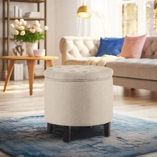Elegant Beige Storage Ottoman Coffee Table w/ Button Tufted Accents Upholstered