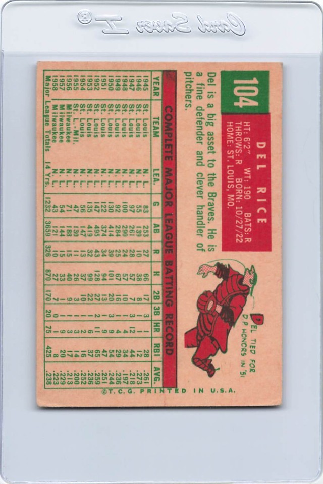 1959 Topps #104 Del Rice Braves VG/EX *6659 | eBay