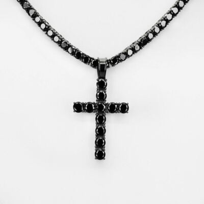 Tennis Chain W. Cross Solid Real 925 Sterling Silver 4mm Black CZ 1 Row