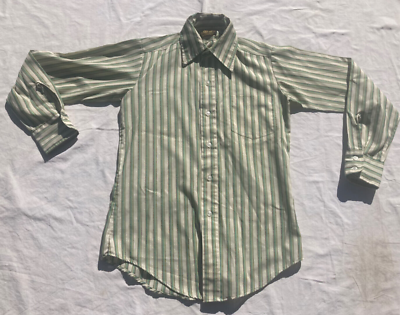 Vintage 70s Sears Put on Shop Green Striped Long Sleeve Button 