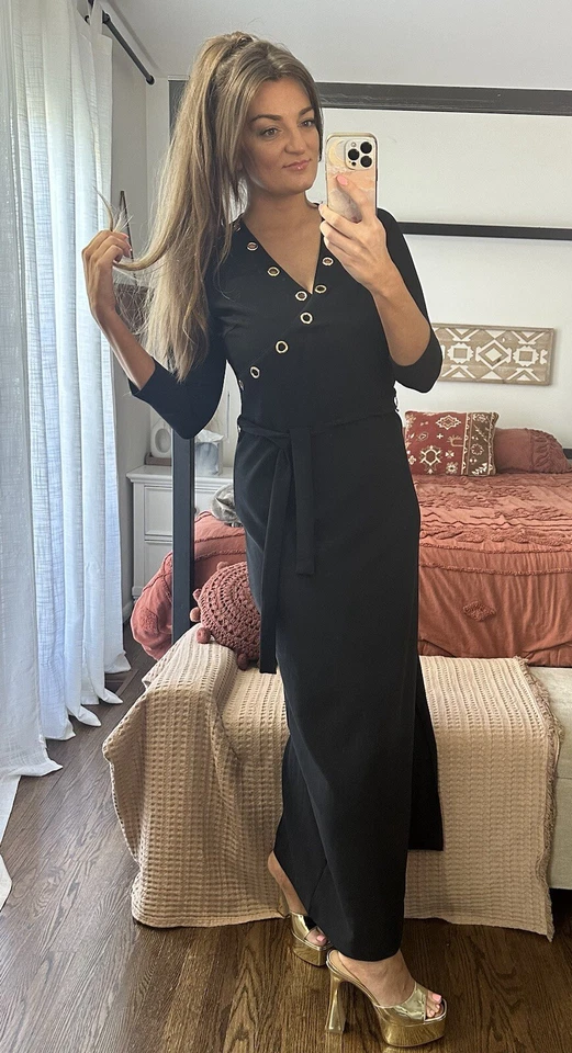 Nuevo con etiquetas Maxi Vestido Boston Talla Correcta Pequeña Negro Manga 3/4 Dorado Ojal Foto 3 de 4