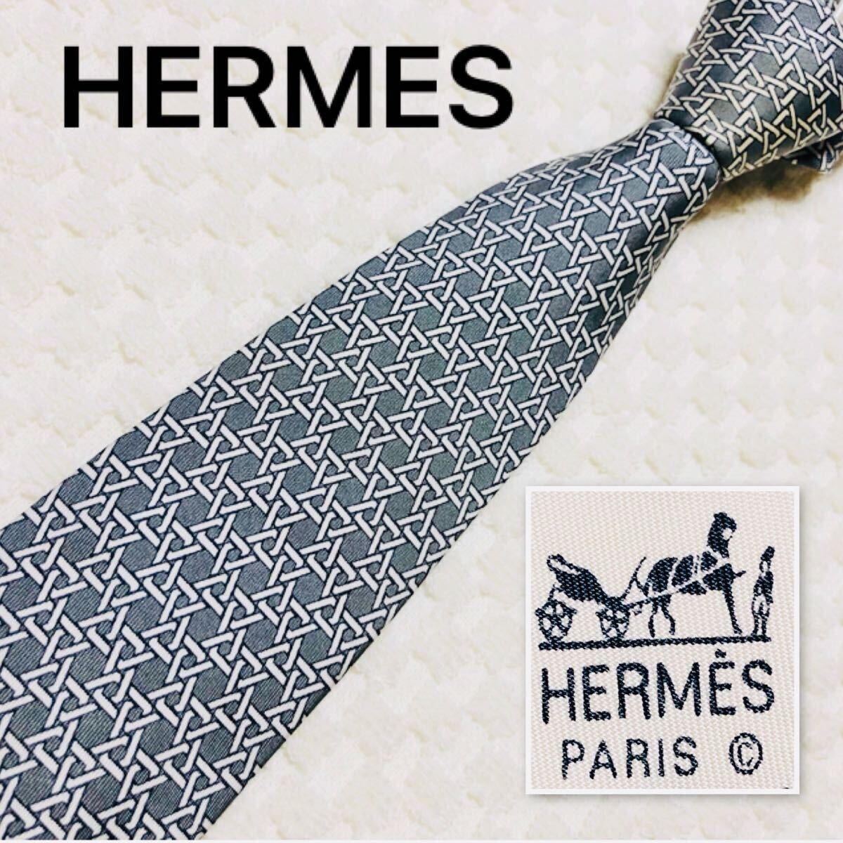 HERMES Tie Basket Style Metal Total Pattern 100 Silk Made in France 7568 SA Gray