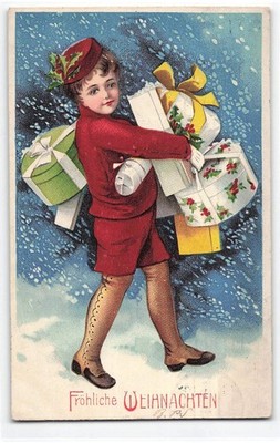 Early 1900's Christmas Postcard, Child in Red Carrying Presents