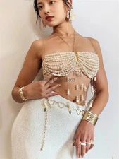 Multiple Punk Tassel Body Chain Hanging Neck Pearl Vest Chest Chain Suspender ﻿