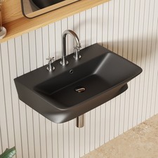 24'' x 17'' Black Bathroom Wall Mount Sink With Pop-up Drain, 3 Faucet Hole