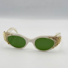Vintage White Pearl Green Lens Cat Eye Sunglasses Gold Wing Rhinestone